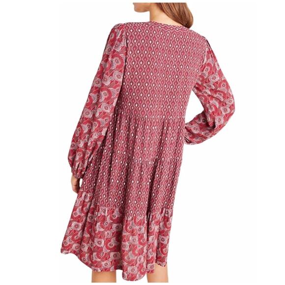 Maeve By Anthropologie Amber Tiered Tunic Dress XS Wine Burgundy Babydoll Boho - Picture 2 of 12